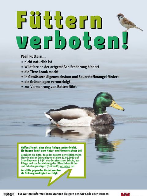 Informationsschild zum Fütterungsverbot im Bezirk Mitte, das die Gründe erklärt, warum Wildtiere in einigen Grünanlagen nicht mehr gefüttert werden dürfen