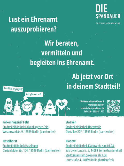 Plakat: Engagement-Beratungen der Spandauer Freiwilligenagentur in den Spandauer Stadtteilbibliotheken