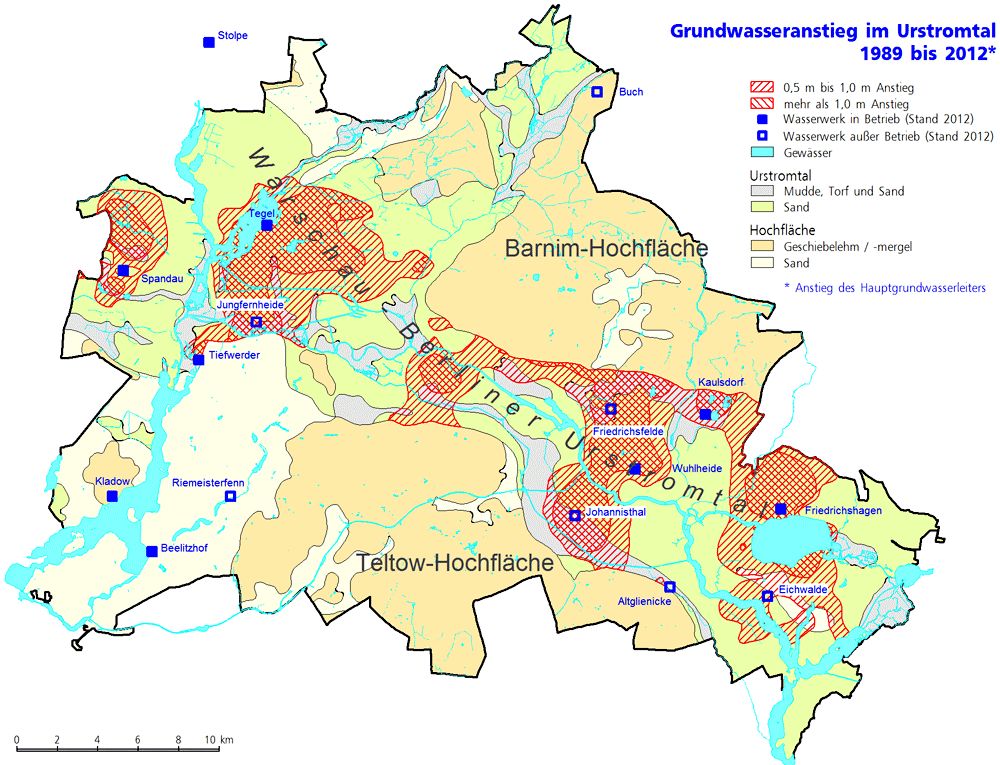 Abb. 10: Grundwasserwiederanstieg von 1989 bis 2012 im Urstromtal (Bild: Umweltatlas Berlin)