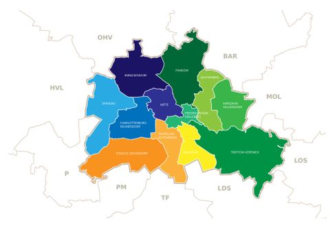 Berlin-Karte mit farbiger Darstellung der Bezirke