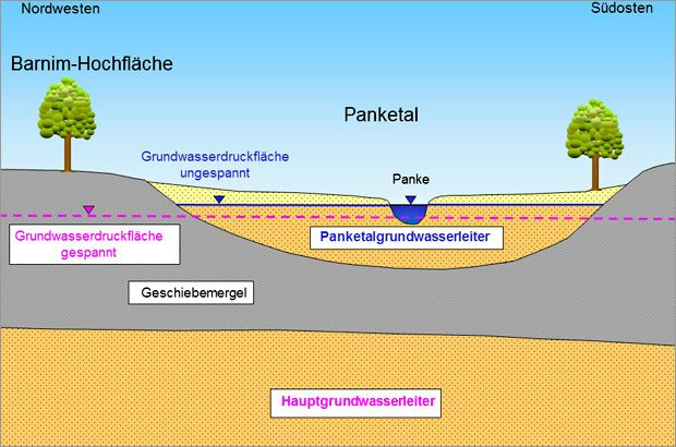 Abb. 8: Der ungespannte Panketalgrundwasserleiter (GWL 1) im nordwestlichen Bereich der Barnim-Hochfläche liegt über dem Hauptgrundwasserleiter (GWL 2), der hier gespannt ausgebildet ist