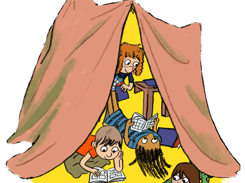 Illustration von Kindern und Hund, die Comics lesen