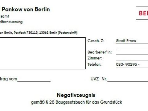 Darstellung des Antragsformulars auf Erstellung eines Negativzeugnisses gemäß §28 Baugesetzbuch
