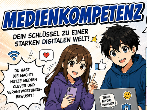 Die Comiczeichnung zeigt einen Jungen und ein Mädchen an einem Laptop. Darum herum sind kurze Texte zum Thema Medienkompetenz zu lesen.
