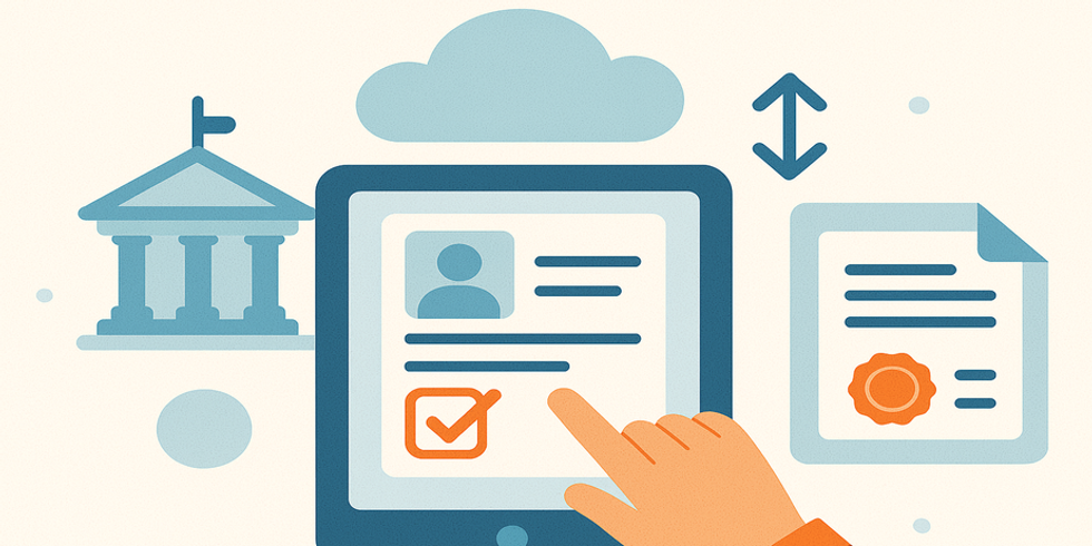 Symbolbild für digitale Verwaltung: Eine stilisierte Illustration zeigt ein klassisches Amtsgebäude, ein Tablet mit einem digitalen Formular und ein Dokument mit Siegel. Symbole wie eine Cloud und Pfeile verweisen auf Online-Dienste und digitale Prozesse.