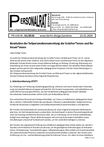 01/2026: Resolution der Teilpersonalversammlung der Erzieher*innen und Betreuer*innen