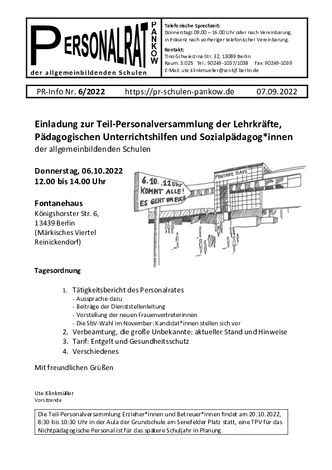 06/2022: Einladung zur Teilpersonalversammlung der Lehrkräfte, Pädagogischen Unterrichtshilfen und Sozialpädagog*innen am 06.10.2022