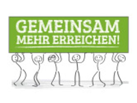 Gezeichnete Männchen halten ein Plakat hoch mit dem Text: Gemeinsam mehr erreichen