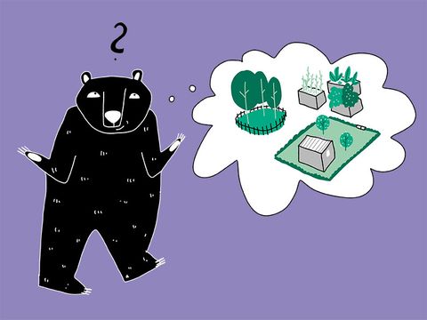 Titelzeichnung Gartentypen. Gezeichneter Bär mit Fragezeichen über dem Kopf und Denkblase voller Garten-Piktogramme