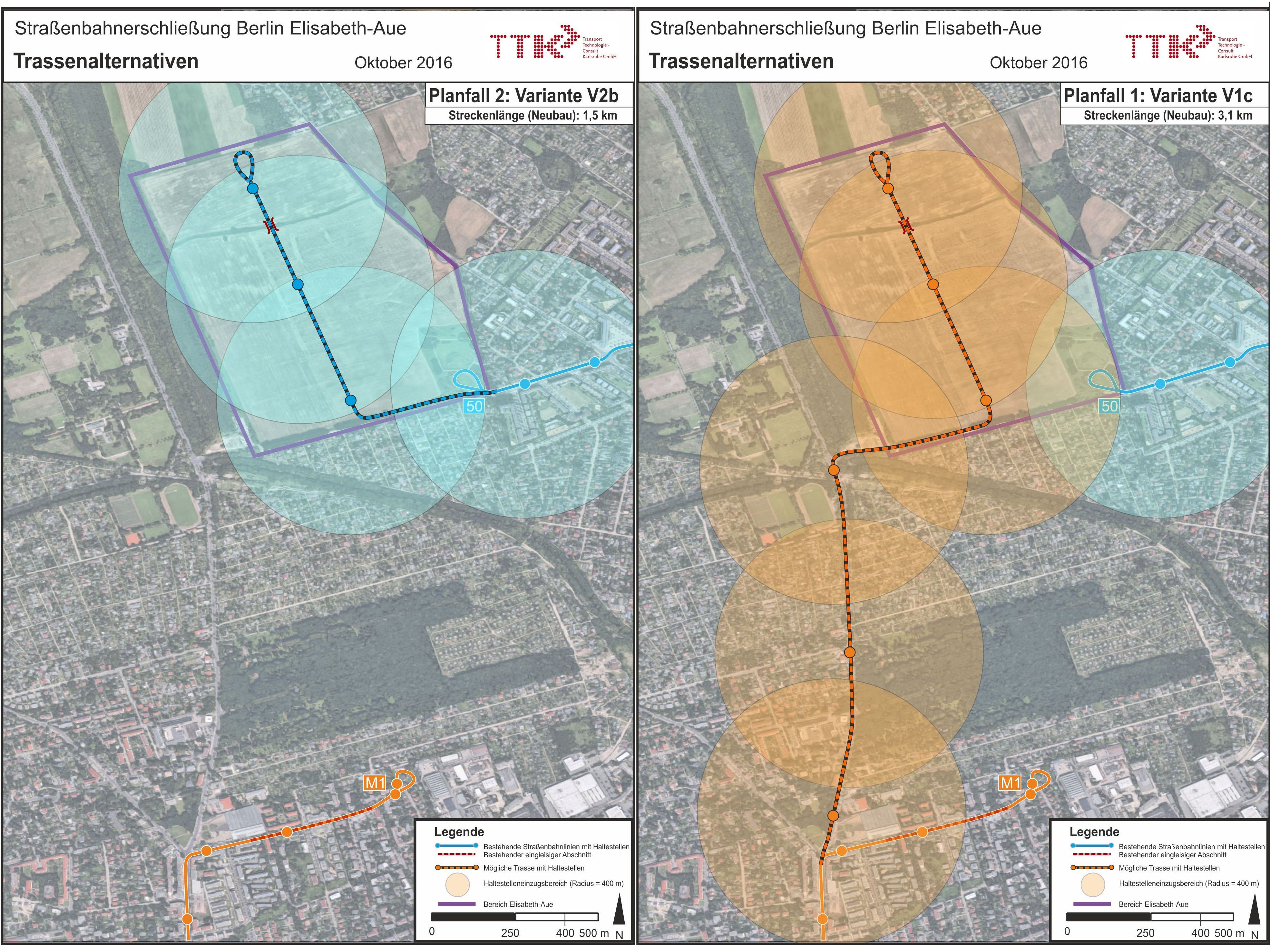 Trassenalternativen zur Straßenbahnerschließung der Elisabeth-Aue, links: Vorzugsvariante Verlängerung der Straßenbahnlinie 50, rechts: Vorzugsvariante Verlängerung der Straßenbahnlinie M1 (Bild: SenMVKU / TKK (Transport Technologie Consult Karlsruhe GmbH), Hintergrundkarten: © 2017 GeoBasis-DE/BKG (©2009),Google) )