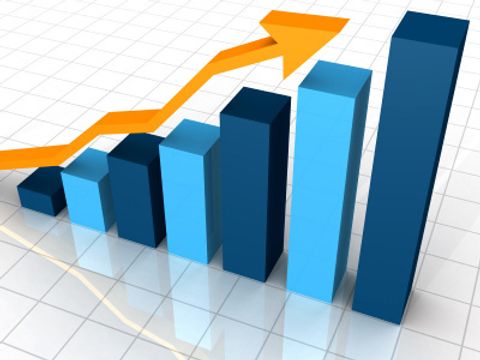 Mirrored bar chart with upward arrow