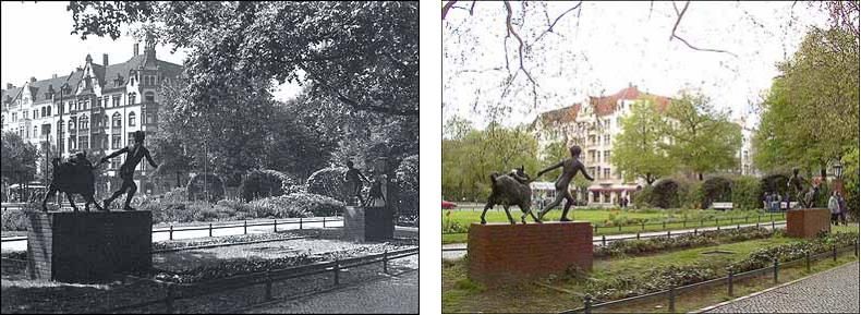 Fotovergleich historisch und heute - "Knabe mit Ziege" von Prof. August Kraus auf dem Savignyplatz