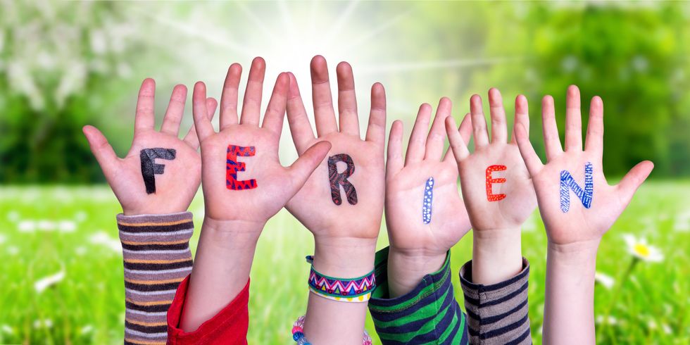 Children Hands Building Word Ferien Means Holidays, Grass Meadow