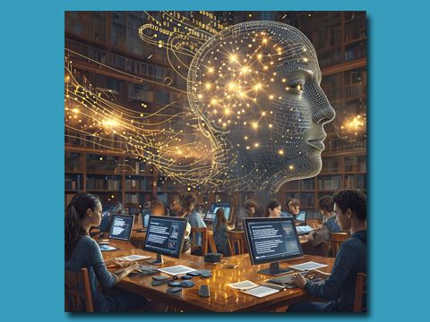 KI generiertes Bild einer Bibliothek mit Menschen am Computer