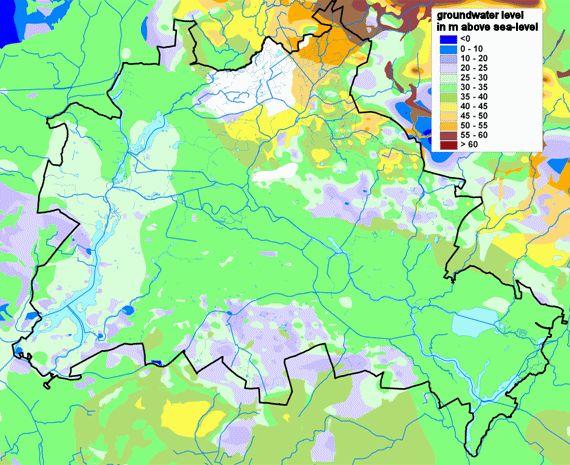 Fig. 7: Groundwater surfaces in Berlin and surrounding areas, in meters above sea-level (NN)