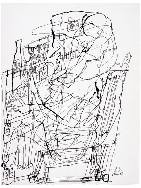 Jean Dubuffet: Personnage assis au journal / Sitzende Gestalt mit Zeitung, 1960, Tusche/Papier, 32 x 25 cm