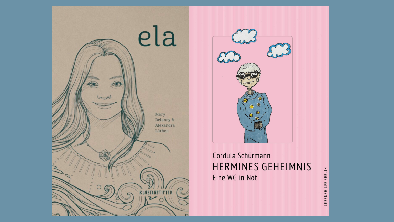 Buchcover "ela" mit Portraitzeichnung einer langhaarigen Frau und Buchcover "Hermines Geheimnis" mit Zeichnung einer älteren Frau auf rosa Hintergrund