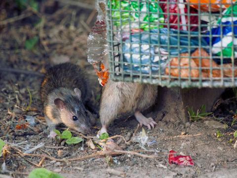Ratten neben einem Mülleimer in einem Park