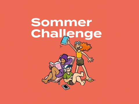 Unter dem Schriftzug "Sommer Challenge" sind drei Kinder als Comic-Figuren zu sehen. Eine Figur liest, eine hört Musik und die dritte hält begeistert ein Buch in die Luft