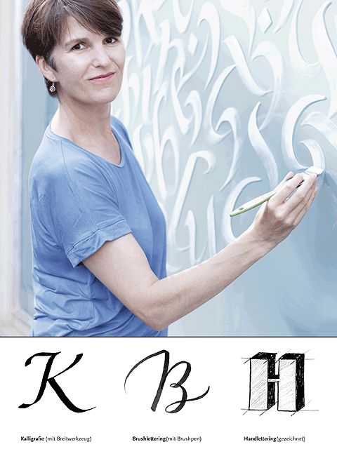 Katja Tränkner im Porträt, darunter Buchstaben in verschiedenen Techniken gezeichnet
