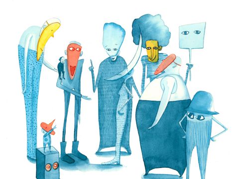 Illustration mit sehr verschiedenen Kreaturen, die sich im Gespräch befinden