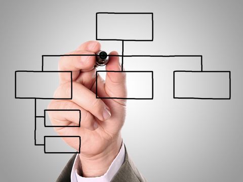 Hand eines Mannes zeichnet ein Organigramm
