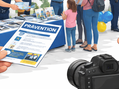 Informationsstand mit Personen davor, im Vordergrund hält eine Person ein Blatt mit dem Titel Prävention in der Hand