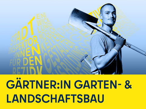 Junger Mann mit Spaten, Illustration, Schriftzug Gärtner:in Garten- und Landschaftsbau