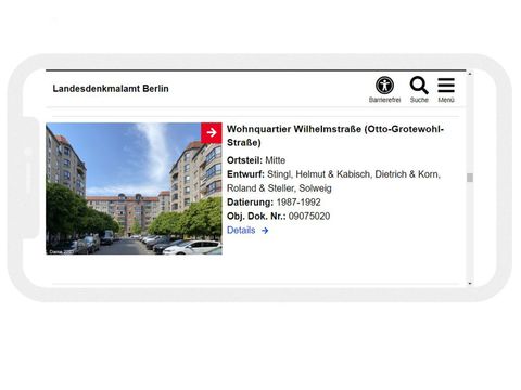 Ansicht der Denkmaldatenbank auf einem Smartphone