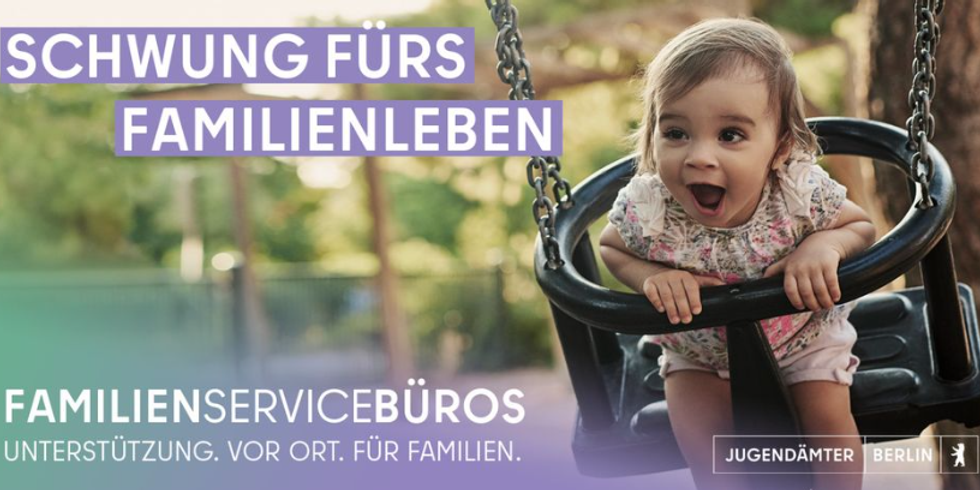Kind auf Schaukel mit Titel „Schwung für das Familienleben“.