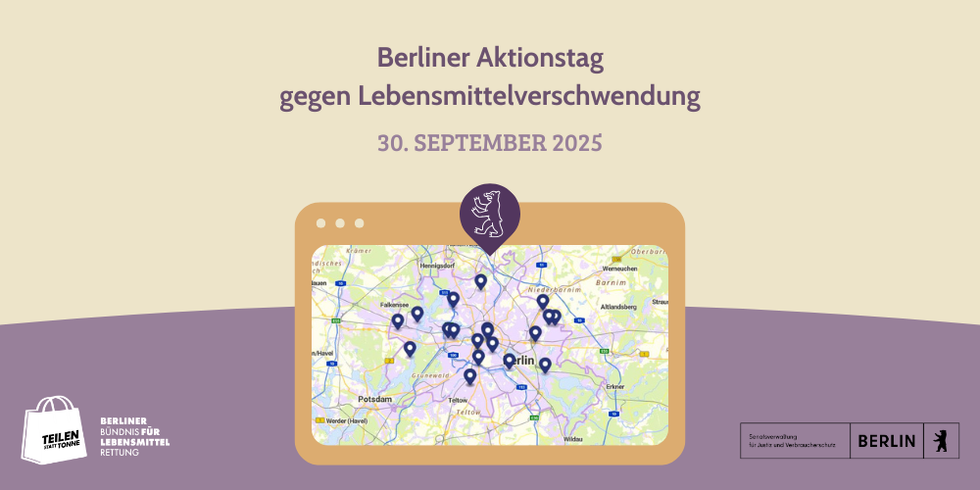 Ankündigung Berliner Aktionstag gegen Lebensmittelverschwendung am 30. September 2025 mit einer Karte des Berliner Stadtgebietes, versehen mit Markern