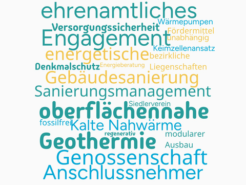 Wortwolke Eichkamp mit den Wörtern: Genossenschaft Kalte Nahwärme Denkmalschutz ehrenamtliches Engagement Siedlerverein Keimzellenansatz Sanierungsmanagement fossilfrei regenerativ bezirkliche Liegenschaften Versorgungssicherheit unabhängig oberflächennahe Geothermie modularer Ausbau Wärmepumpen energetische Gebäudesanierung Energieberatung Anschlussnehmer Fördermittel