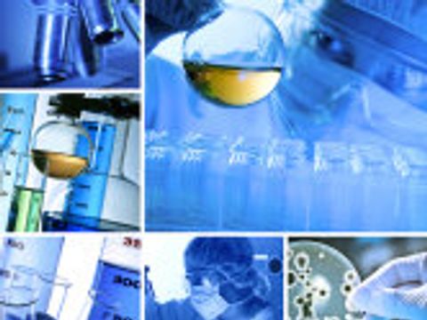 Bildercollage bestehend aus Reagenzgläsern mit verschiedenen Flüssigkeiten, einem Mikroskop, Viren und einem Laborversuch