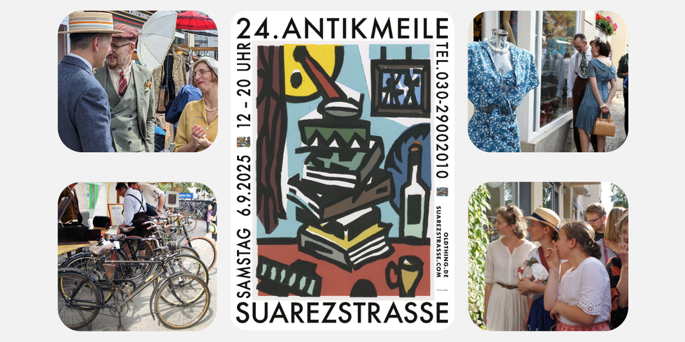 Poster der Antikmeile 2025, dazu Fotos aus den letzten Jahren: antike Fahrräder, Menschen in historischer Kleidung neu