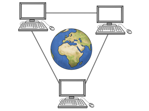 Drei PCs sind miteinander digital weltweit miteinander vernetzt