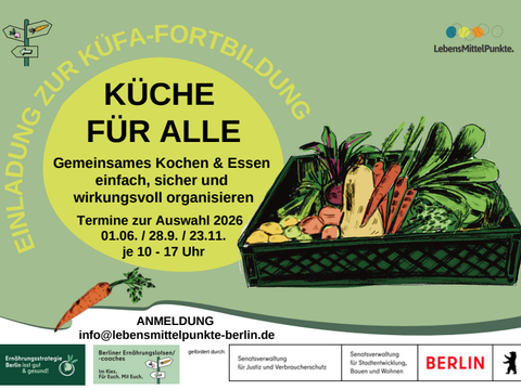Ein Plakat mit der Aufschrift "Küche für alle", daneben ein gezeichneter Korb mit Gemüse