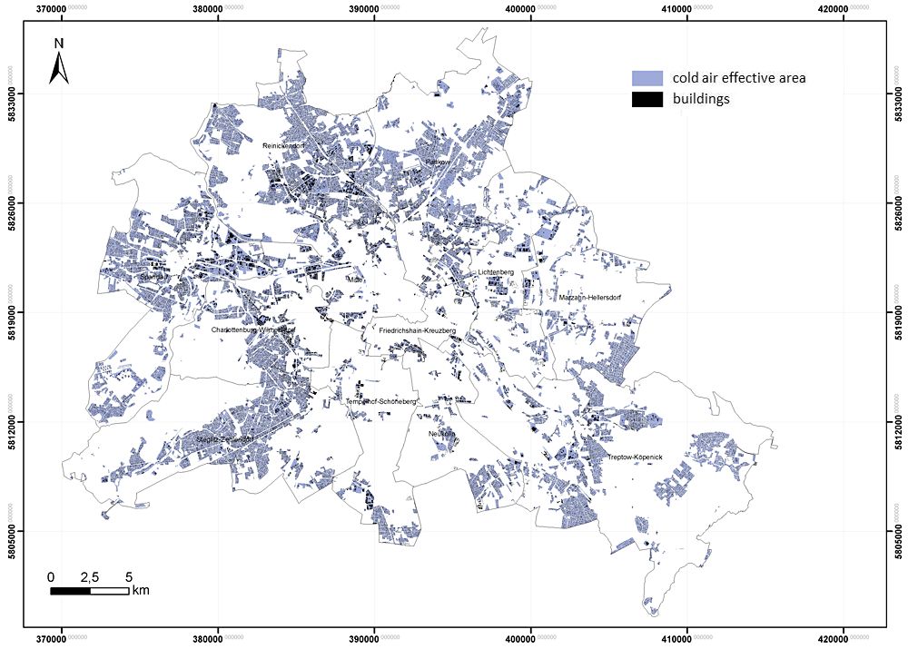 Fig. 8: Summary effective area of the components of Berlin's air-exchange system in case of autochthonous weather conditions. (Image: Umweltatlas Berlin)
