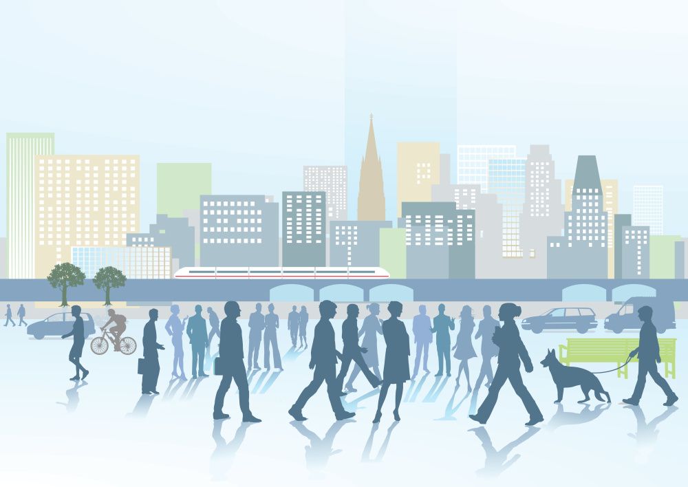 Abstraktes Großstadtpanorama mit Figuren, Bahntrasse und Hochhäusern