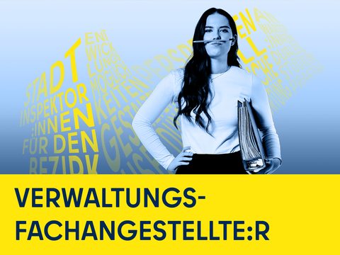 Junge Frau mit Bleistift und Ordner, Illustration, Schriftzug Verwaltungsfachangestellte:r