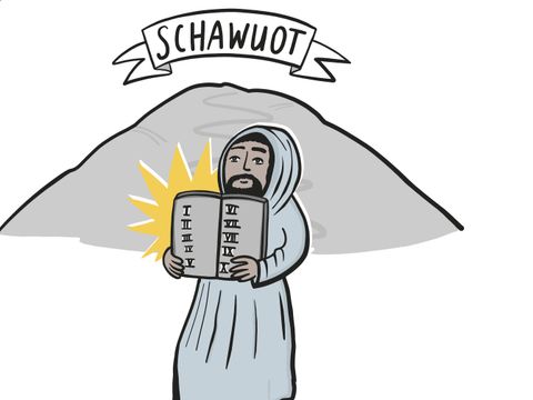 Grafik zu Schawuot: Ein Mann in einem hellblauen Gewand hält die Tora. Im Hintergrund scheint die Sonne.