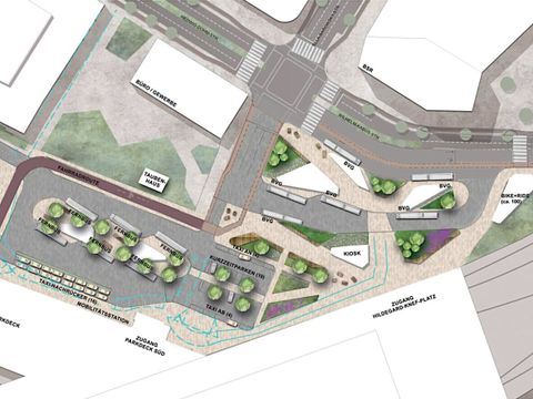 Eine der beiden Vorzugsvariante zur Neuordnung des Vorplatzes am Bahnhof Südkreuz