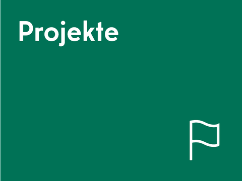 Kachel Projekte mit weißem Text auf Dunkelgrün, unten rechts das Symbol einer Fahne