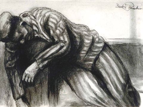“Liegender Häftling” (“Lying Prisoner”), charcoal, 1945. Last seen in Israel, the location of this drawing of a Gleiwitz I concentration camp prisoner is unknown. The drawing, one of eight from the collection of Zeev Shek, was intended as a donation by his widow Alisa Shek to the Yad Vashem Art Museum, Jerusalem. Three drawings from this collection are on permanent display at the Holocaust History Museum, Yad Vashem