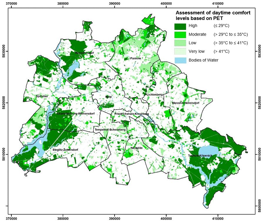 Figure 17: Spatial distribution of assessment classes for bioclimatic conditions in Berlin’s green and open spaces (daytime)