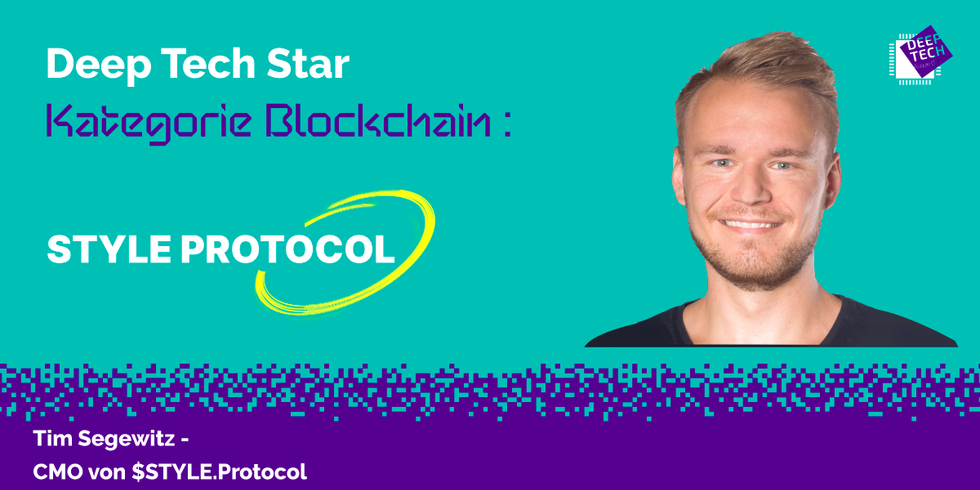 Porträt von Tim Segewitz von Style.Protocol auf lila/türkisem Hintergrund und der Aufschrift: Deep Tech Star Kategorie Blockchain