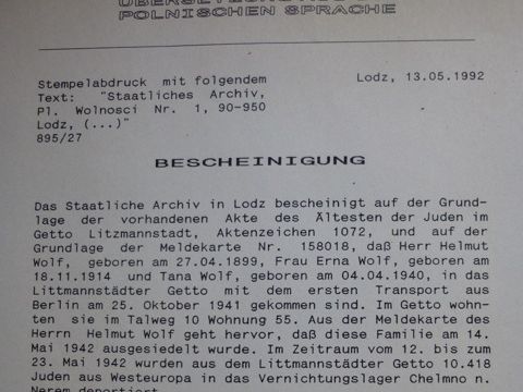 übersetzte Bescheinigung der Familie Wolff (Bild: Privatarchiv der Familie (USA))