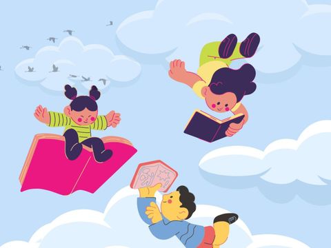 Kinder fliegen lesend durch die Wolken