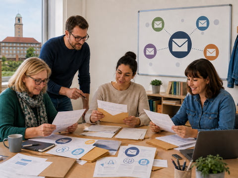Personen sitzen gemeinsam an einem Tisch und lesen Infobriefe des Personalrats