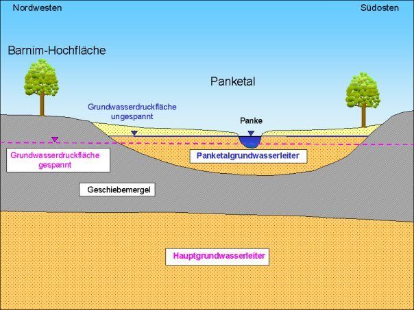 Abb. 8: Der ungespannte Panketalgrundwasserleiter (GWL 1) im nordwestlichen Bereich der Barnim-Hochfläche liegt über dem Hauptgrundwasserleiter (GWL 2), der hier gespannt ausgebildet ist