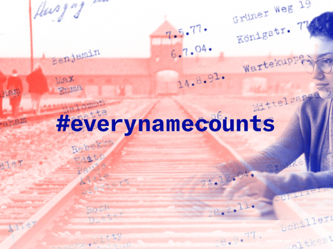 #everynamecounts - Fotocollage: Konzentrationslager Birkenau / Namensliste / Frau, die auf einer Computertastatur tippt